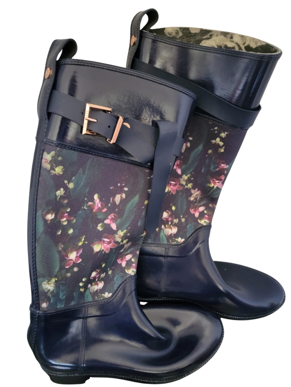 Ted Baker Hampto Blue Floral Tall Rain Boots with Buckle Strap Size 8 - Picture 14 of 14
